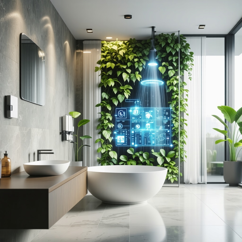 Modern bathroom with waterproof membranes, smart humidity sensors, living green wall, and digital twin modeling overlay