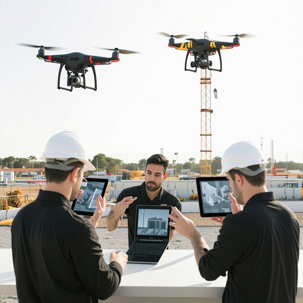 Drones and workers using tablets with 3D BIM models at a Tampa construction site