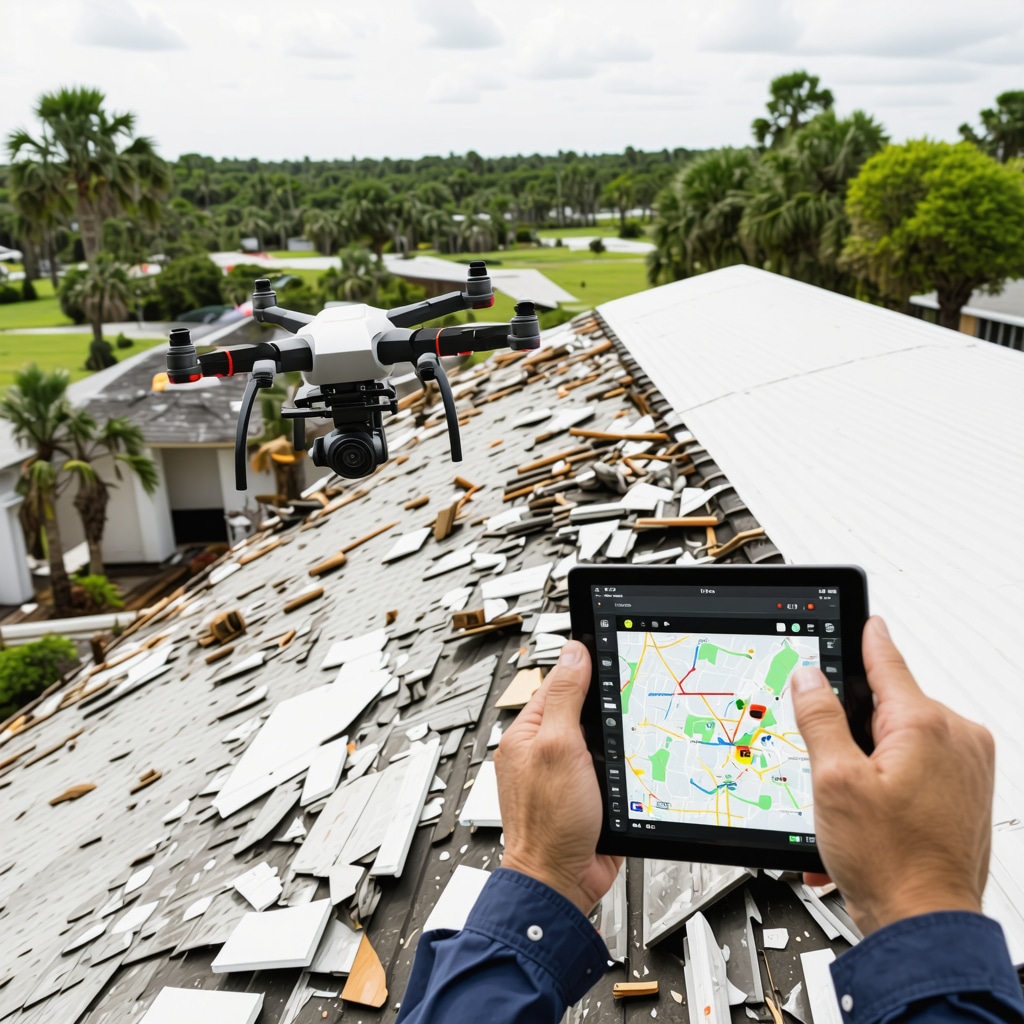 Drone performing detailed aerial survey of storm-damaged roof with contractor analyzing 3D damage data