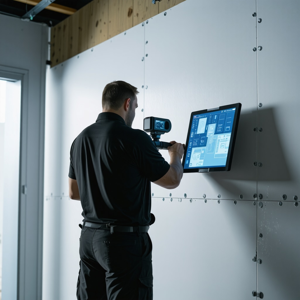Contractor using laser scanning and BIM technology to install drywall with advanced vapor retarders in New Tampa's humid climate