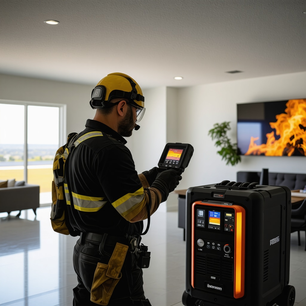 Fire damage restoration expert using thermal imaging and ozone generator equipment inside a Tampa residence