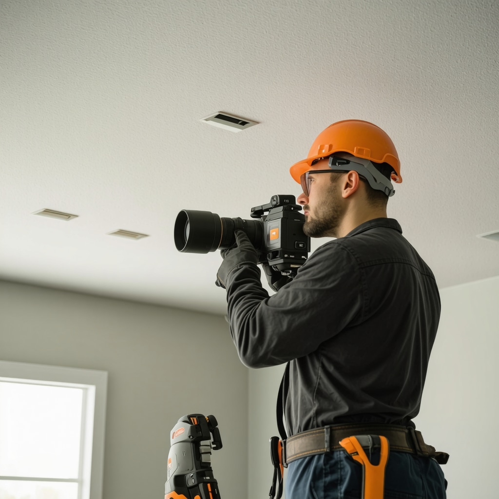 Contractor using infrared thermography camera to detect moisture behind ceiling drywall in New Tampa home