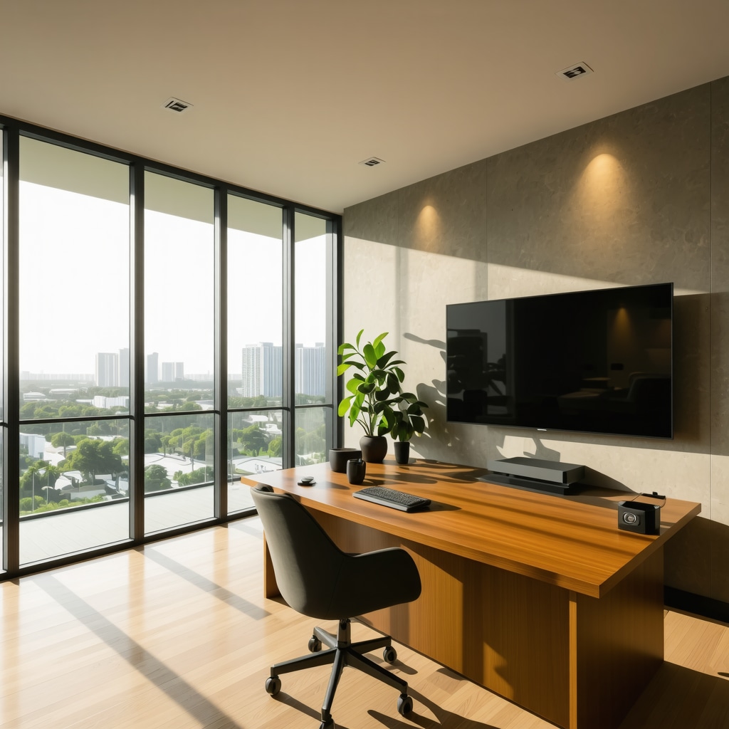Modern home office in Tampa with acoustic panels, smart lighting, and ergonomic design
