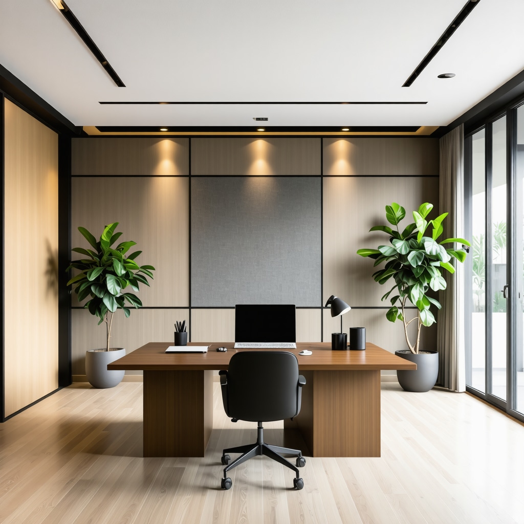 Modern Tampa home office showcasing acoustic panels, smart HVAC system, biophilic lighting, and sustainable materials