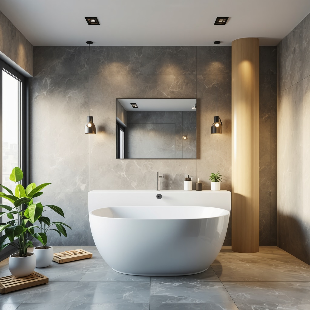 Contractors using infrared thermography and digital tools during a modern bathroom renovation