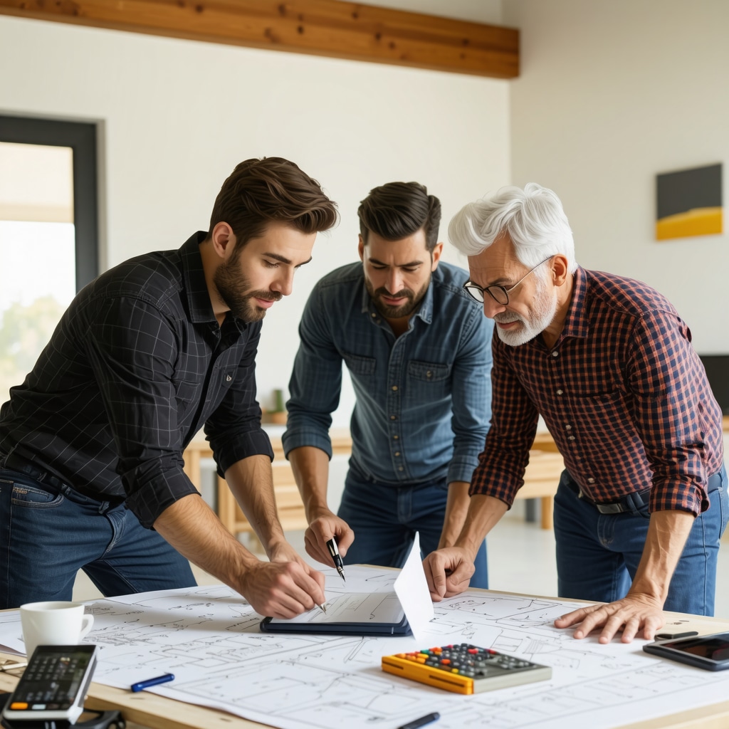 Group of professionals discussing senior home remodeling plans with sustainable and smart technology features