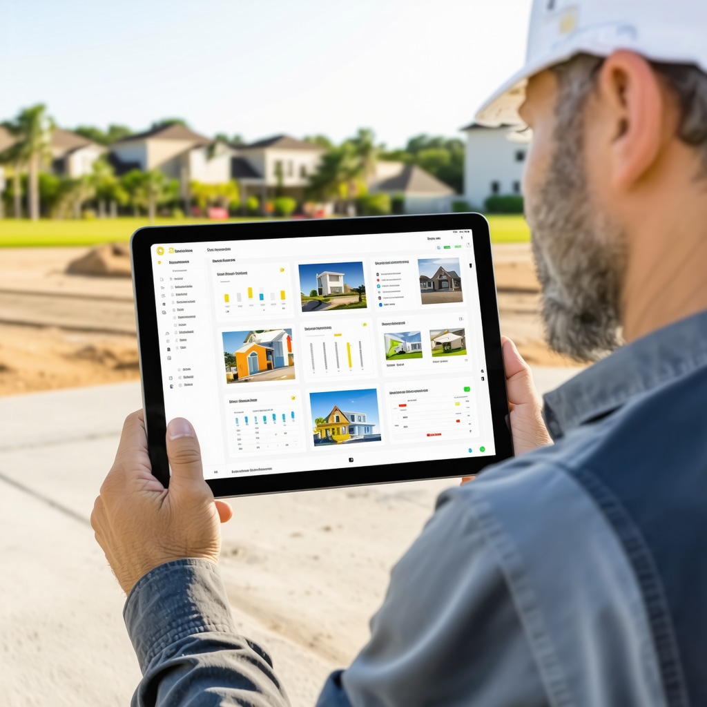 Contractor using digital project management software at Tampa renovation site