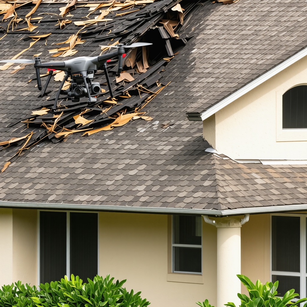 Contractor conducting drone inspection on hurricane-damaged roof in Tampa, Florida