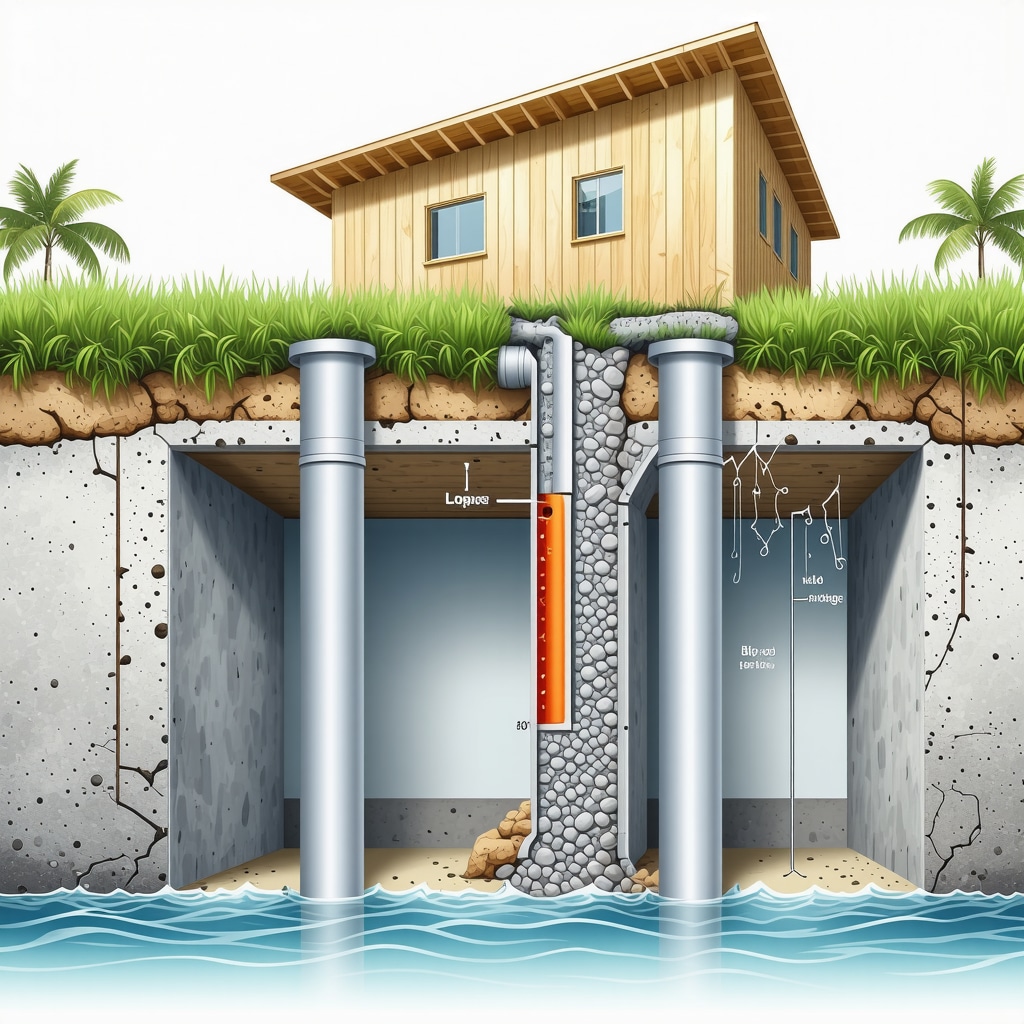 Cross-section of foundation with deep piers and moisture barriers tailored for Tampa soil conditions
