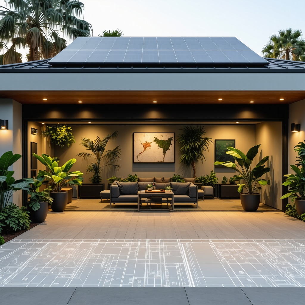 Modern Tampa garage showcasing smart sensors, modular design, biophilic elements, solar panels, and AI-generated blueprints