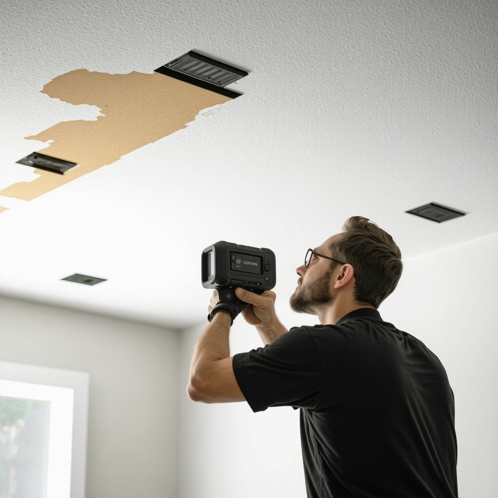 Drywall contractor performing infrared moisture inspection on ceiling in Tampa house