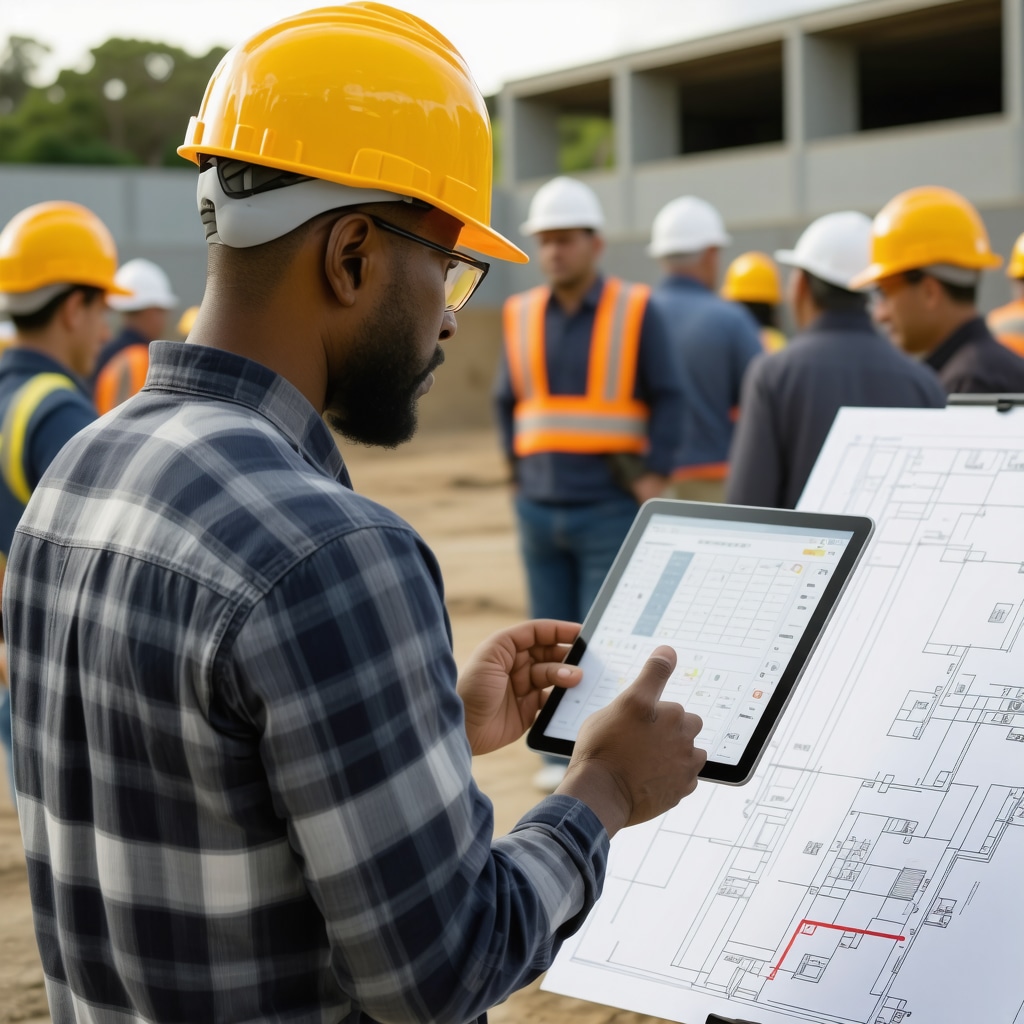 General contractor using AI project management tools with subcontractors and blueprints at an Odessa construction site
