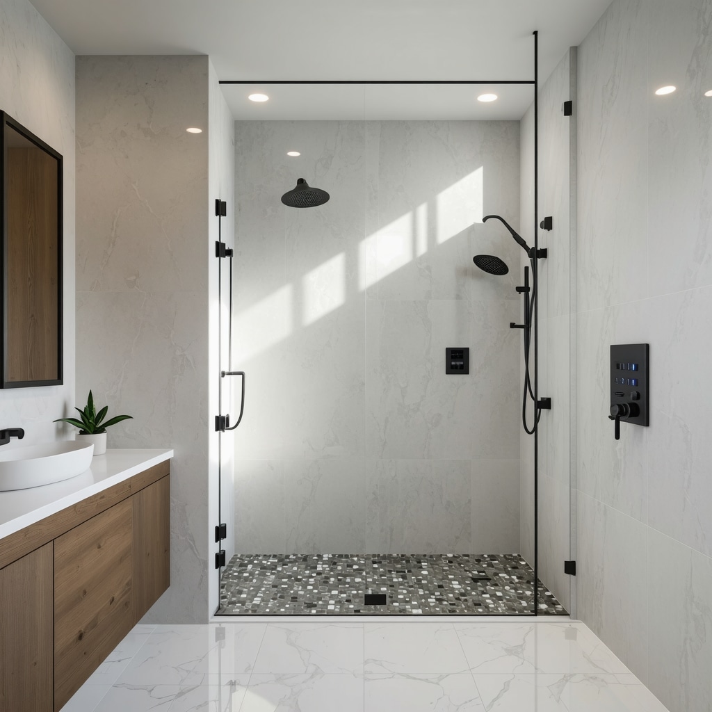 Luxury bathroom showcasing smart shower controls, eco-friendly materials, and advanced waterproofing in Crystal Beach