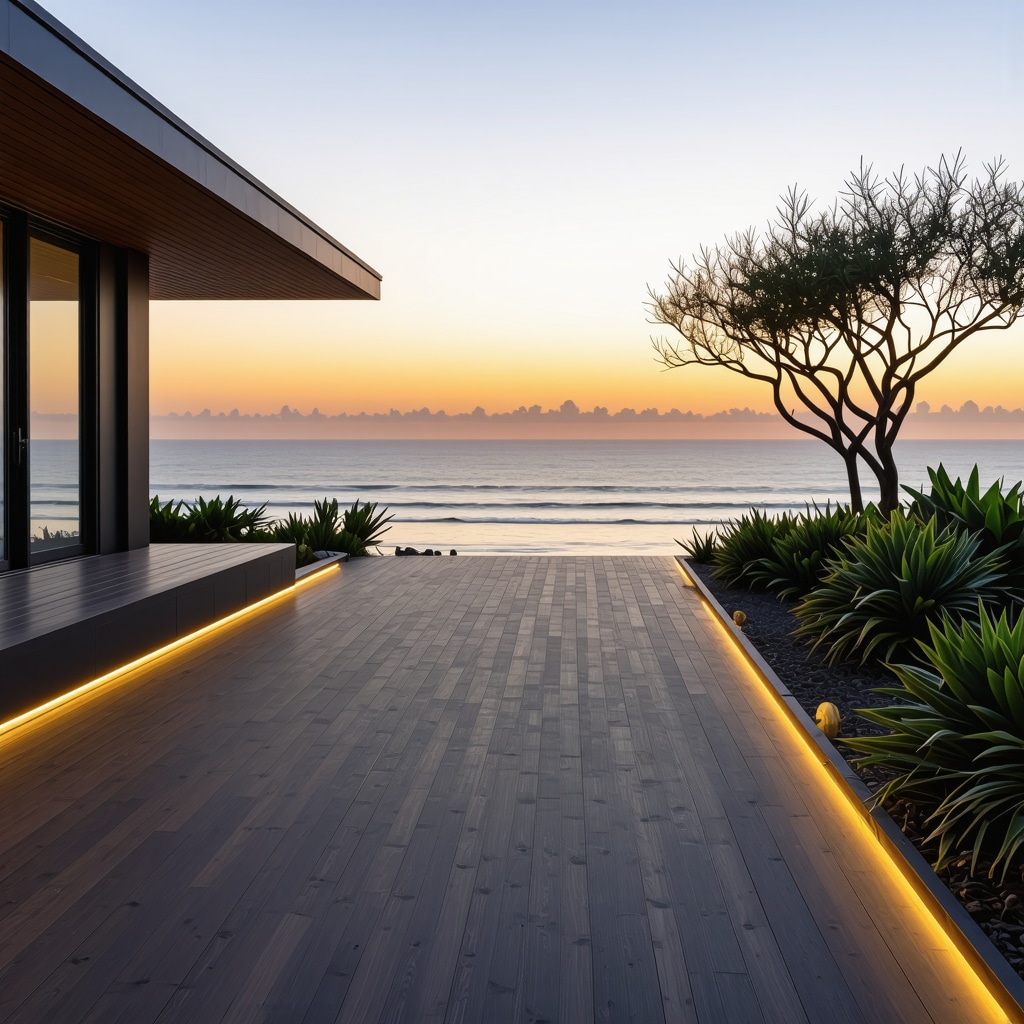 Modern deck with hidden fasteners, solar LED lights, and Florida native landscaping at sunset