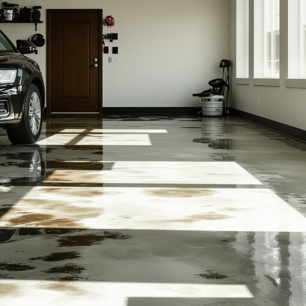 Tampa garage floor with layered epoxy zones featuring glossy and textured finishes reflecting light