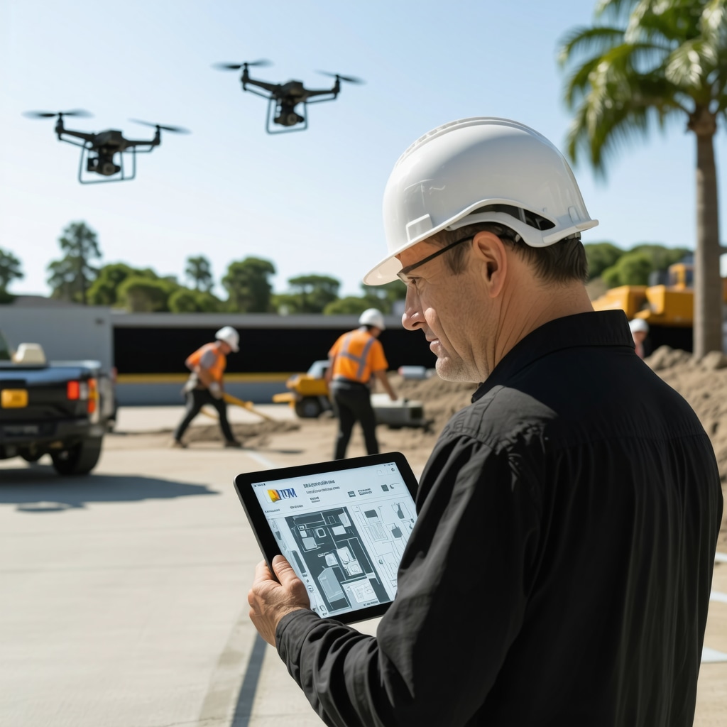 General contractor using tablet with 3D building model and drone inspecting Tampa construction site