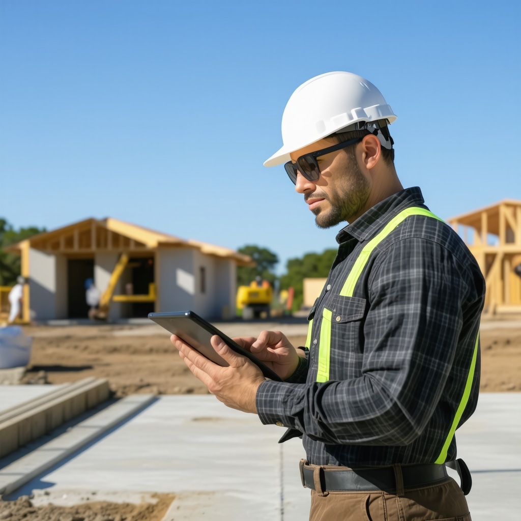Contractors at a Tampa construction site using tablets with sustainable building materials and smart home technology installations