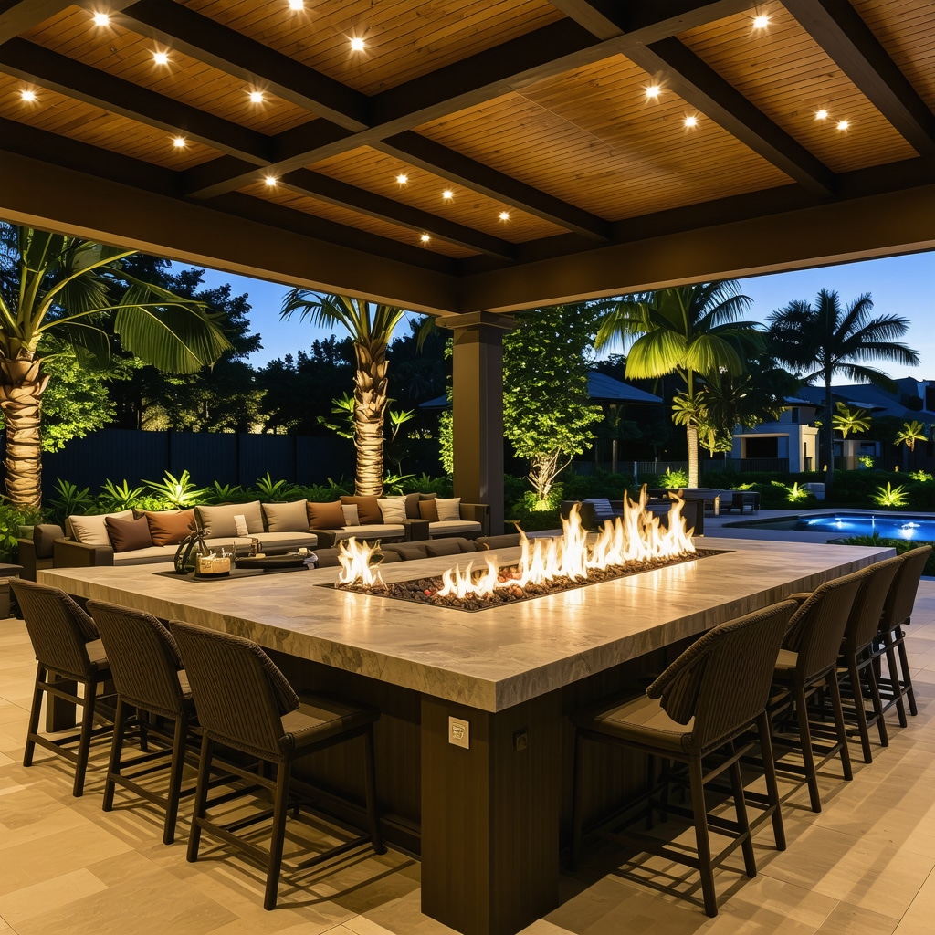 Luxurious Tampa outdoor kitchen featuring layered LED lighting, modular seating around fire pit, and smart technology controls