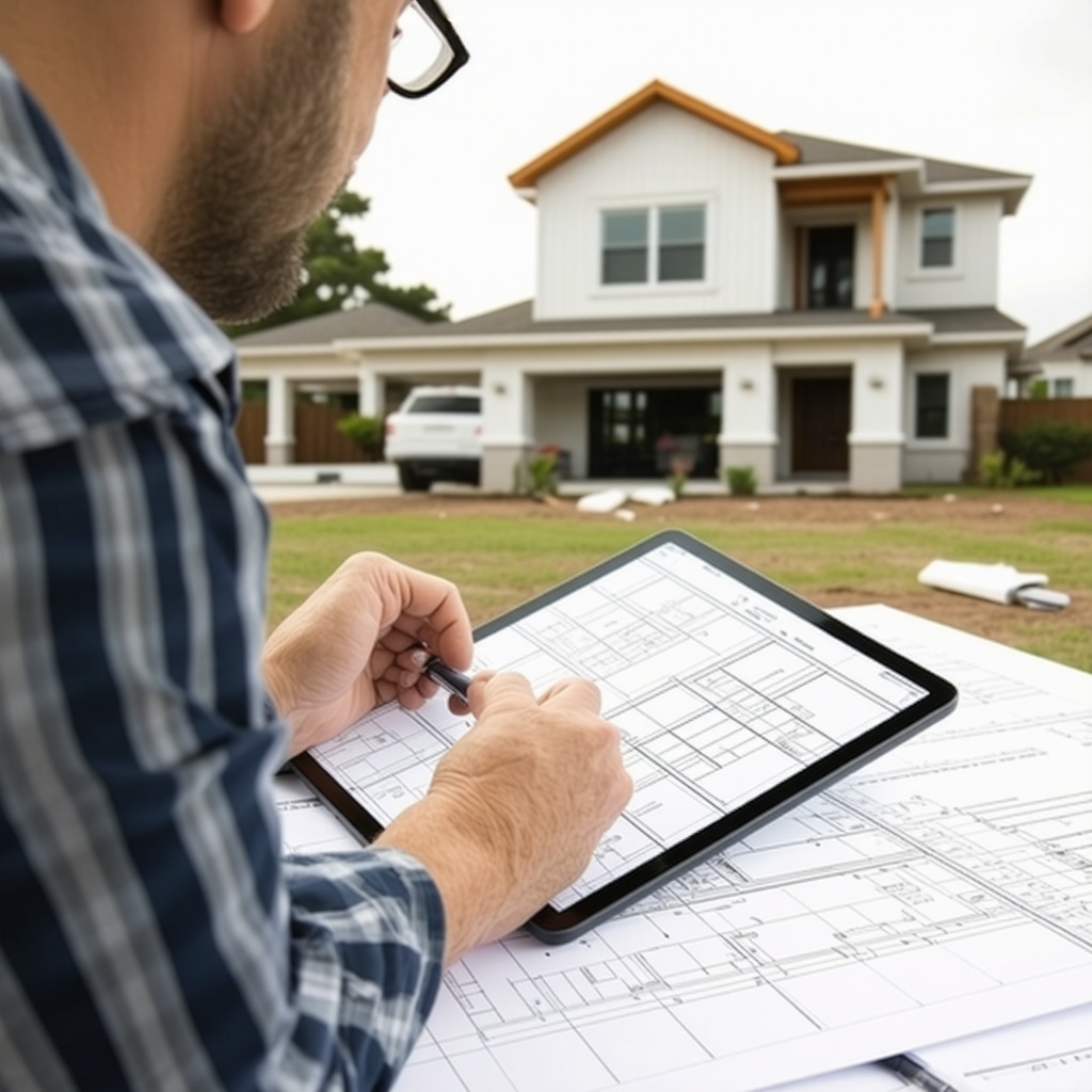 Contractor examining digital permits and architectural plans for Tampa home remodeling project