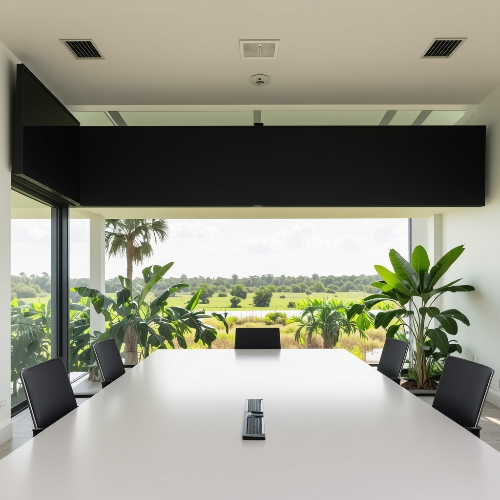Interior of a Tampa home office featuring smart HVAC, acoustic treatments, and automated lighting with tropical views