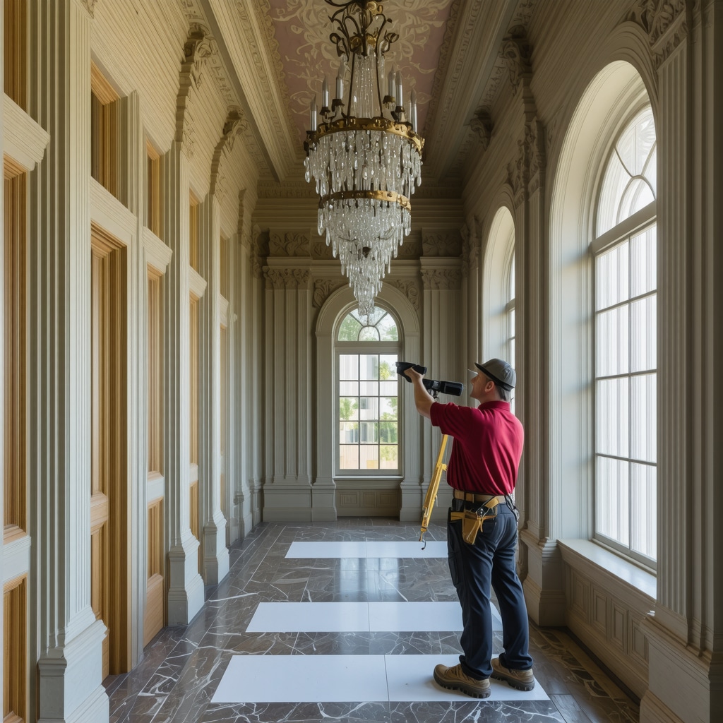 Contractor performing 3D laser scanning on decorative molding in a historic Tampa house