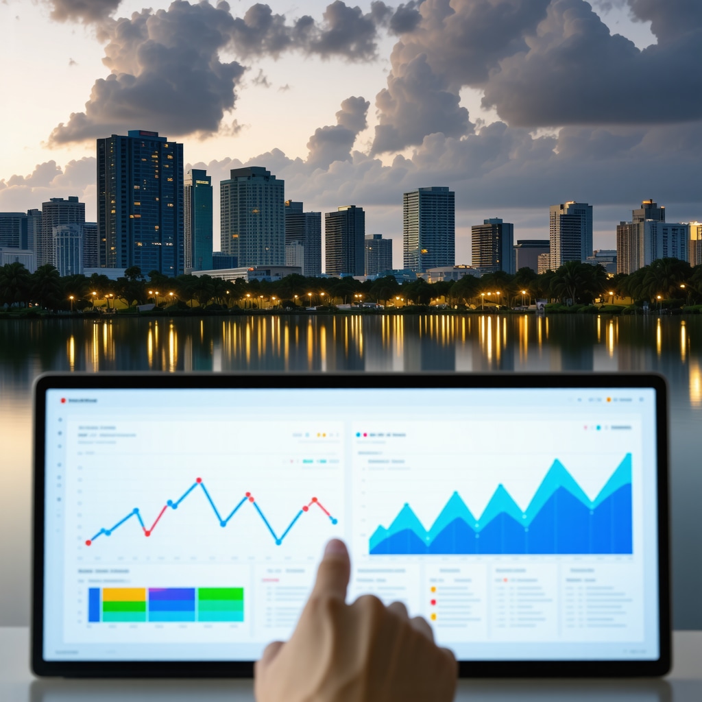Digital dashboard showing contractor risk analytics overlaid with Tampa cityscape