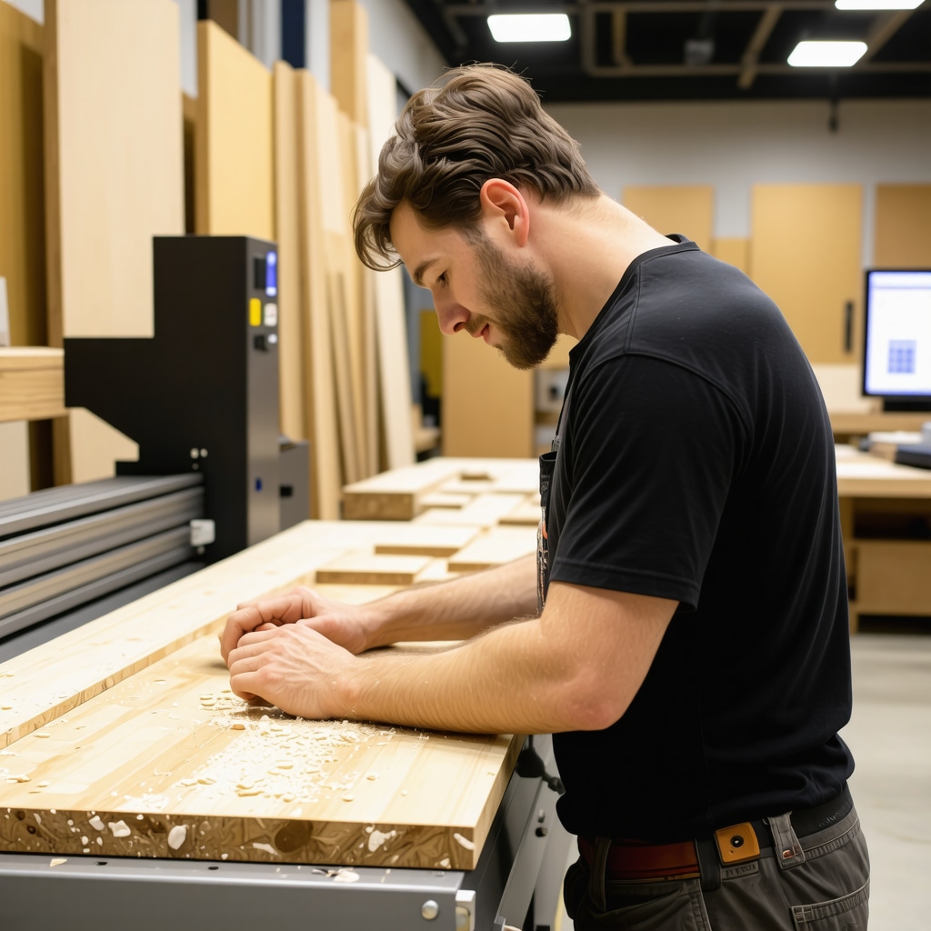 Carpenter using CNC machine with sustainable wood materials and digital design displays in Tampa