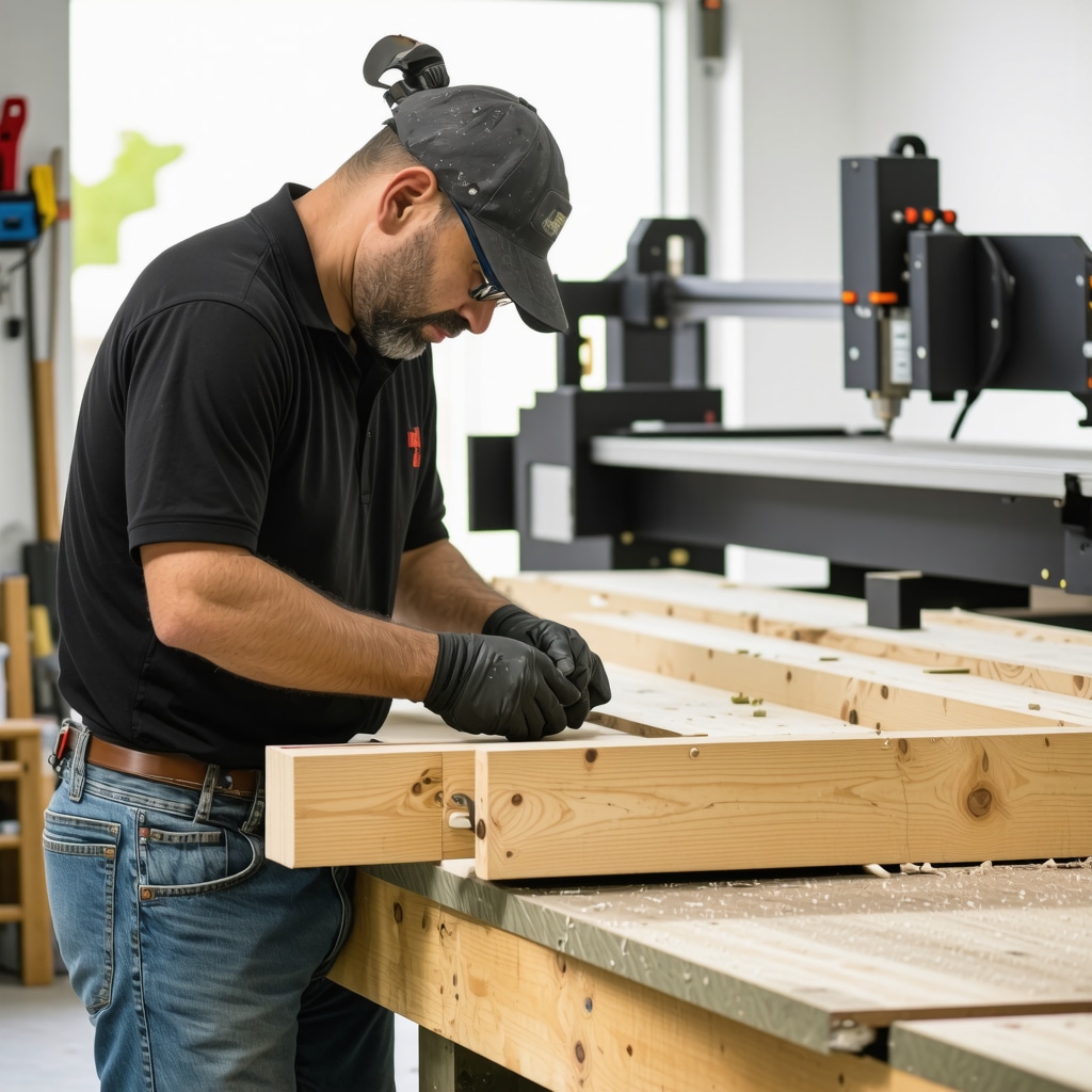 Carpenter applying advanced joinery techniques with CNC machines in the background in a Tampa workshop