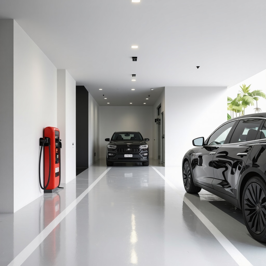 Interior of a modern garage remodeled with climate-resilient materials, smart lighting, and an EV charging station in Odessa Florida
