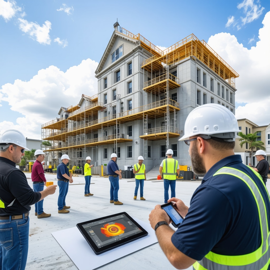 Contractors using digital twin visualizations and infrared scanning on Tampa historic renovation site