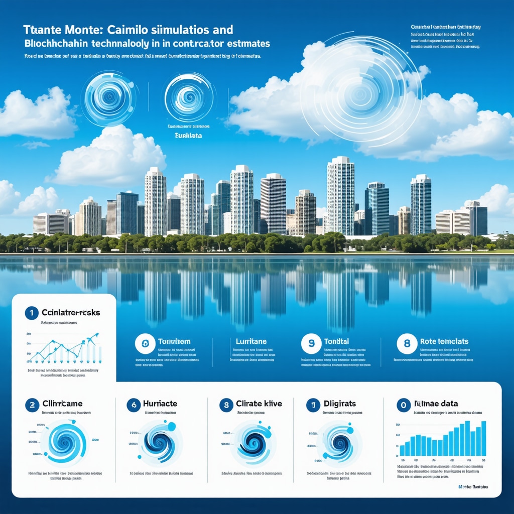 Infographic showing Monte Carlo simulations, blockchain applications, and collaborative project delivery in Tampa's remodeling projects