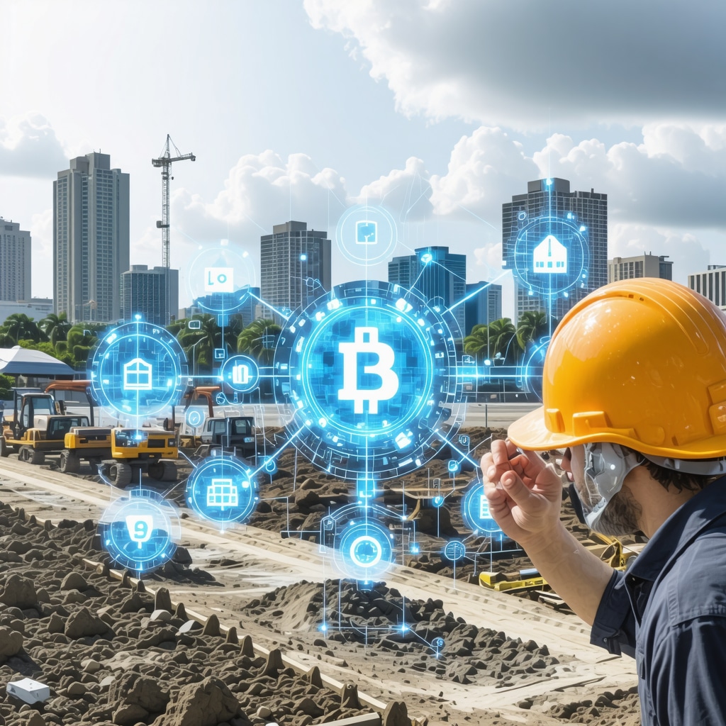 Digital interface showing blockchain and AI icons with Tampa Bay construction background