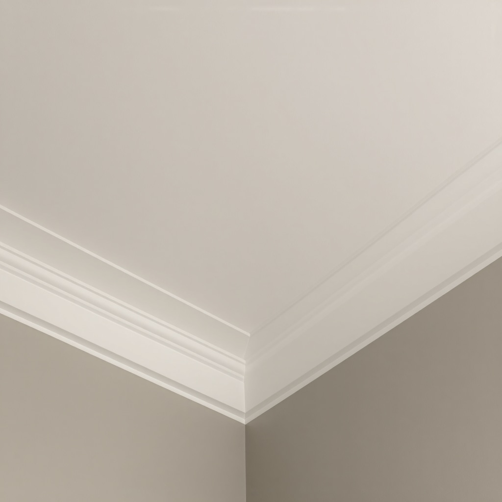 Close-up of crown molding with specialized fasteners and moisture-resistant material in Tampa home