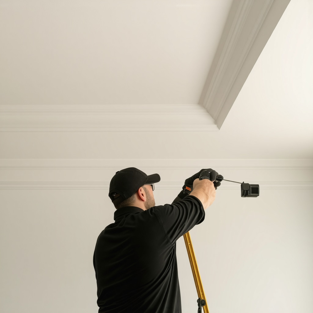 Close-up of crown molding installation using laser-guided tools and hybrid composite materials in a Tampa residence