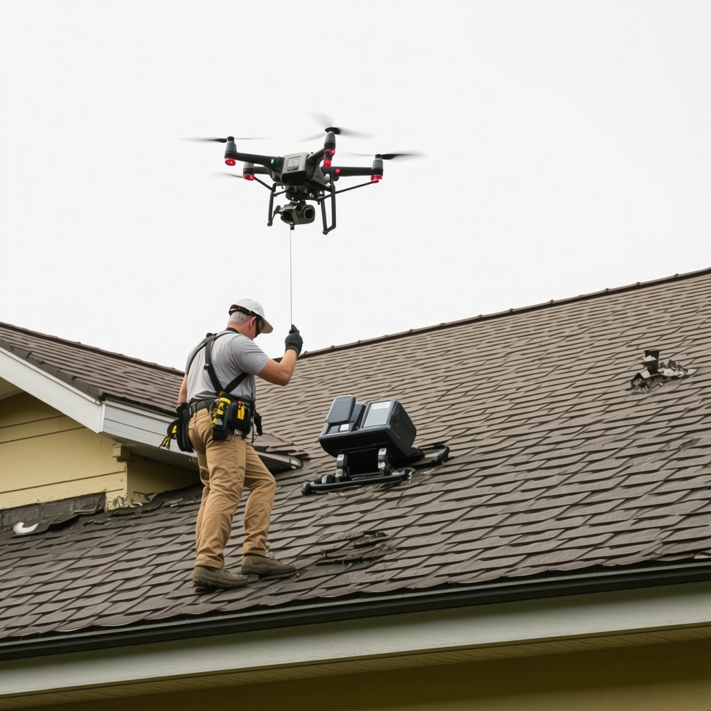 Contractor operating drone and 3D scanner for roof damage assessment on a Tampa home