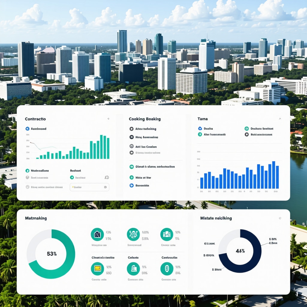 Digital dashboard showing contractor booking analytics and Tampa cityscape