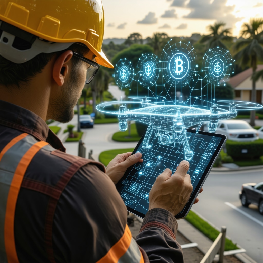 Contractor using drone and AI 3D modeling with blockchain icons in Tampa neighborhood setting
