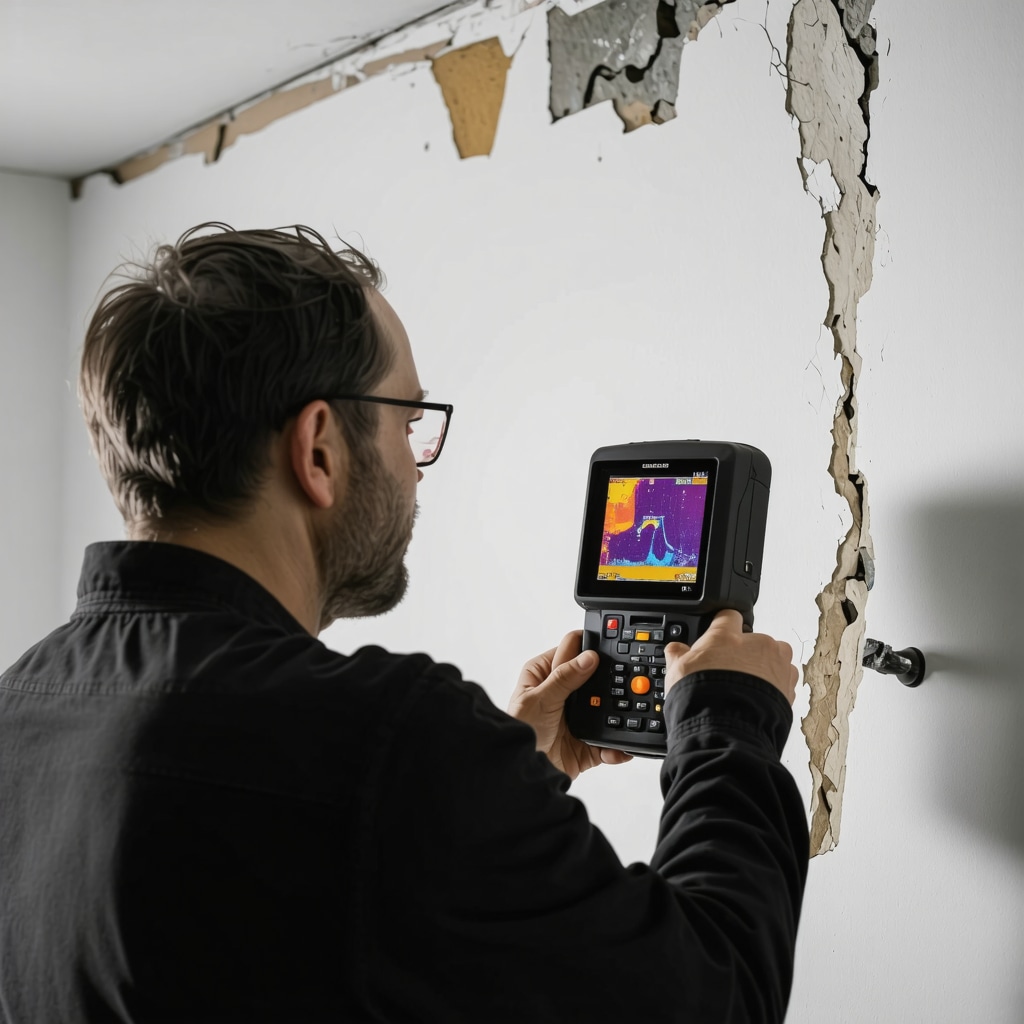 Contractor inspecting drywall cracks with monitoring tools and thermal imaging in a Tampa residence