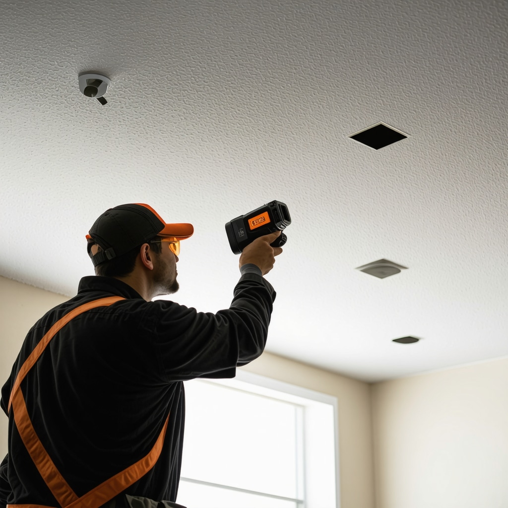 Contractor using infrared and 3D moisture mapping technology to detect ceiling drywall damage in a Tampa home