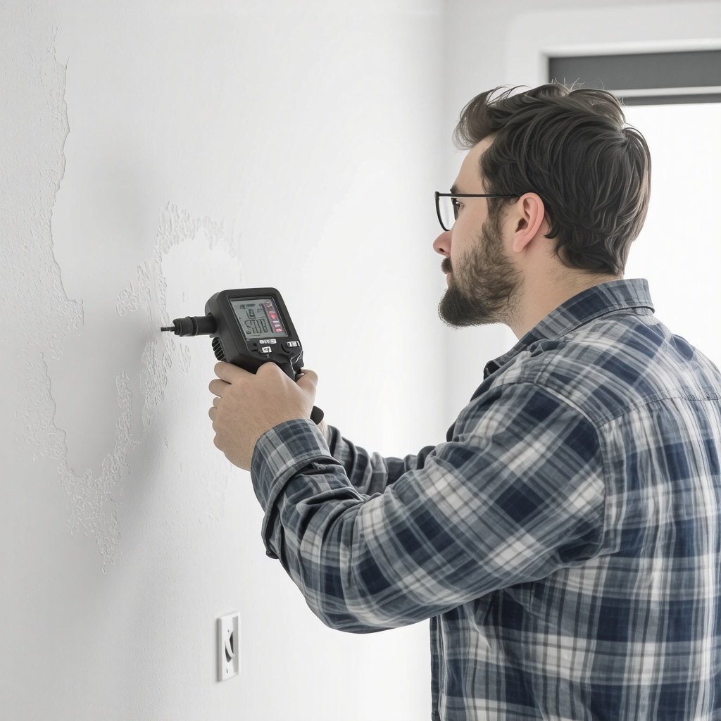 Professional drywall contractor using digital moisture meter and spray texture blending tool on Tampa home wall