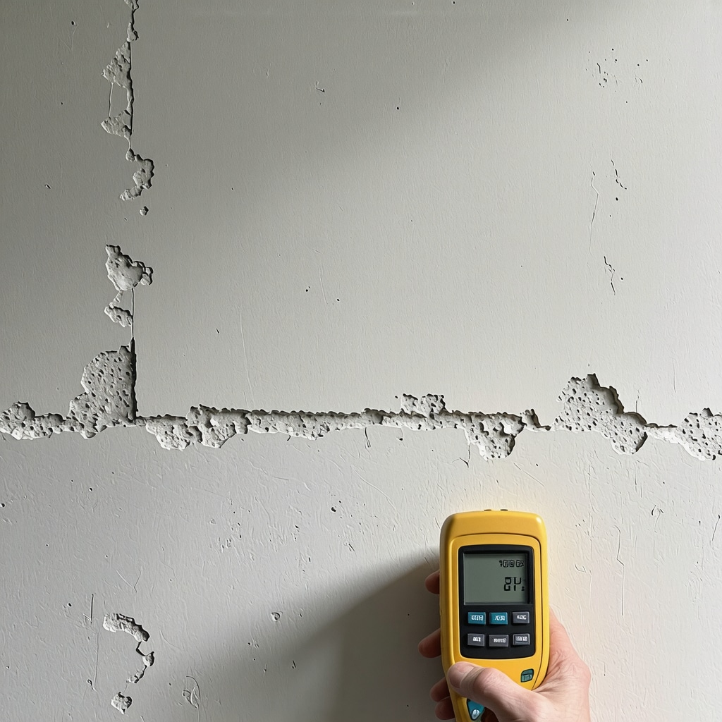 Close-up of drywall repair using moisture-resistant materials and digital moisture meter in Tampa home
