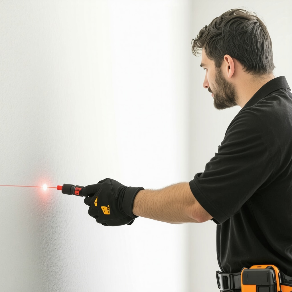 Drywall technician utilizing infrared moisture meter and laser level for precise drywall repair in Tampa's humid climate
