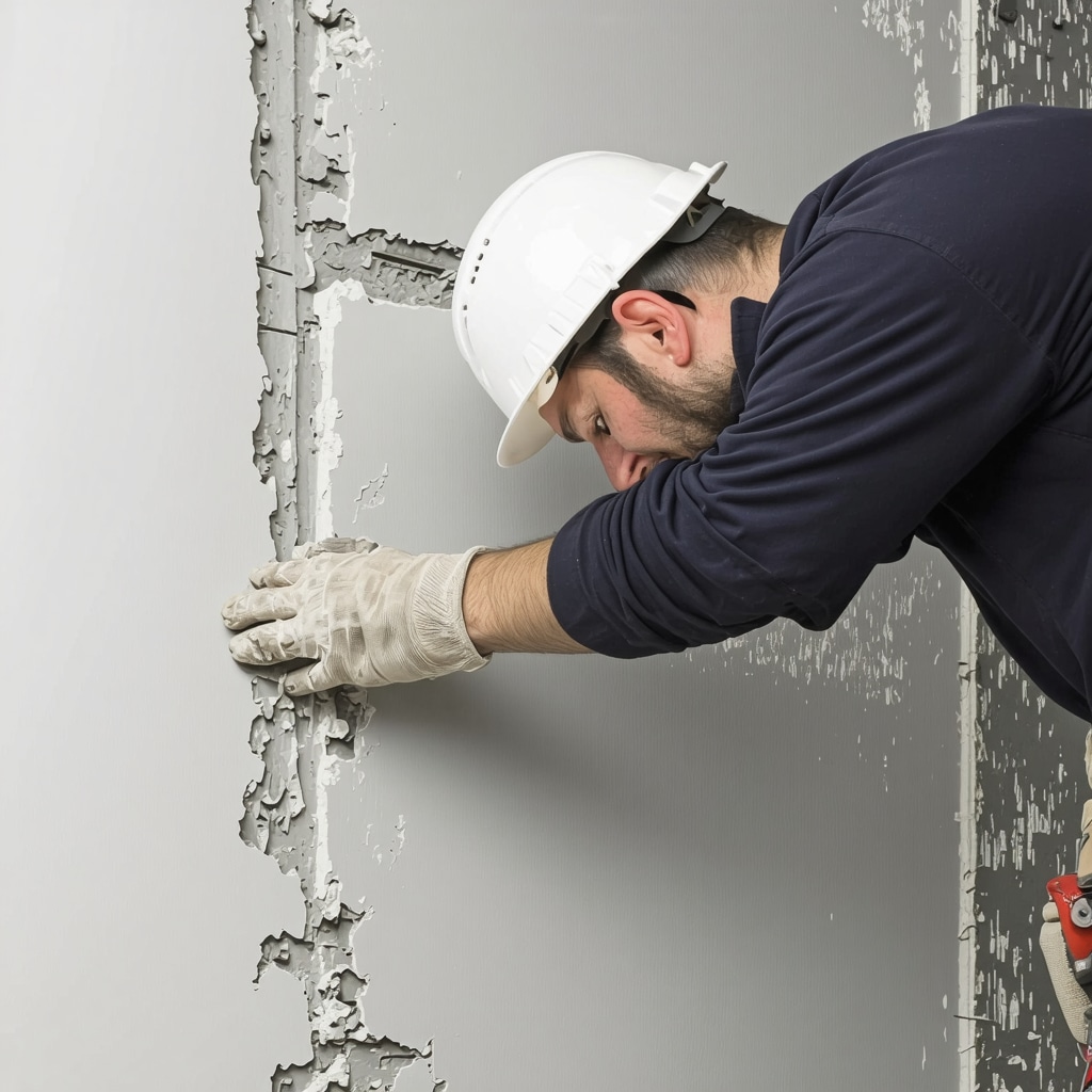 Drywall contractor applying fiberglass mesh tape and setting-type joint compound on drywall with visible smart home wiring in a Tampa residence