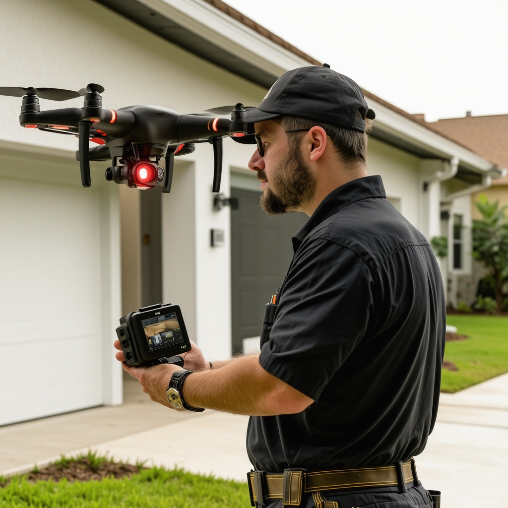 Contractor inspecting Tampa home roof using drone and thermal imaging camera for emergency repair assessment