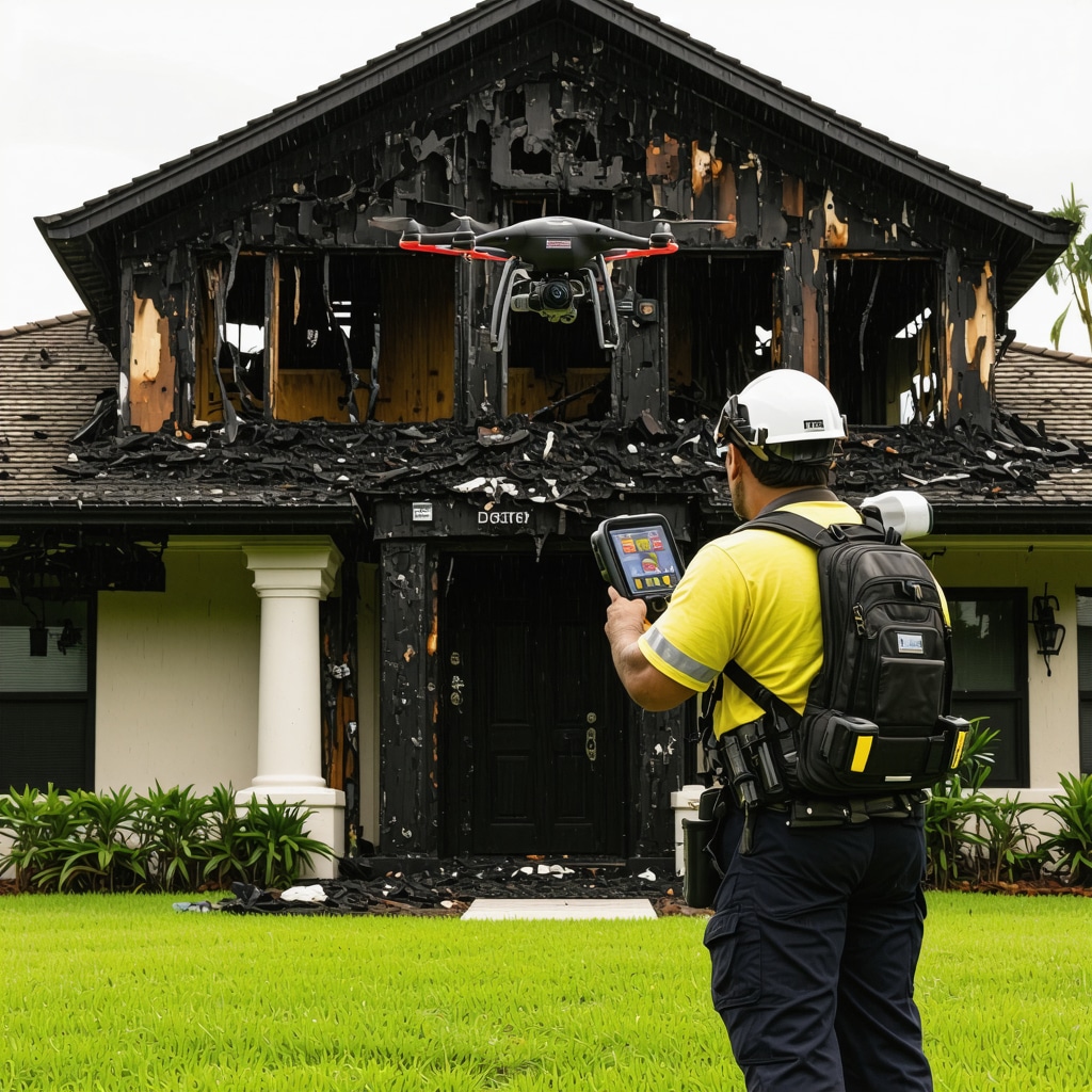 Fire damage restoration technician operating thermal imaging drone over a fire-damaged Tampa home