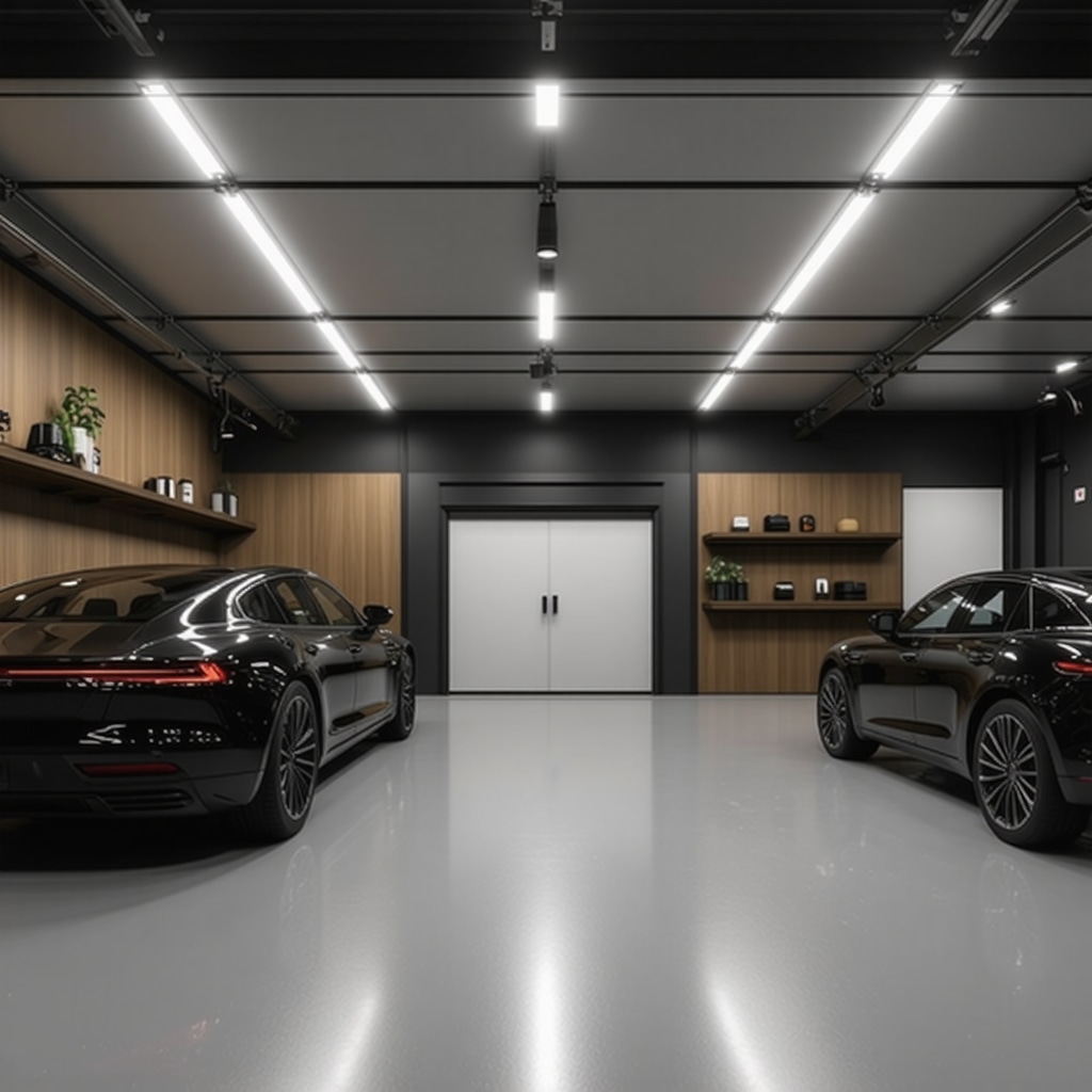 Stylish garage remodeled with smart IoT devices, acoustic panels, and advanced insulation for comfort and functionality