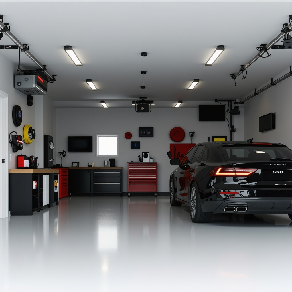 Modern garage interior with advanced moisture barriers, HVAC systems, smart security devices, and polyurea floor coating