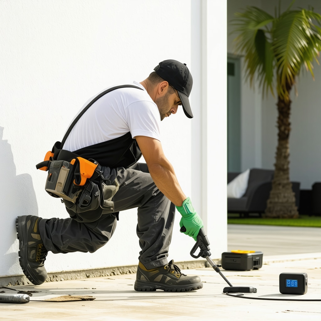Handyman applying eco-friendly sealants on a Tampa home with smart sensors visible