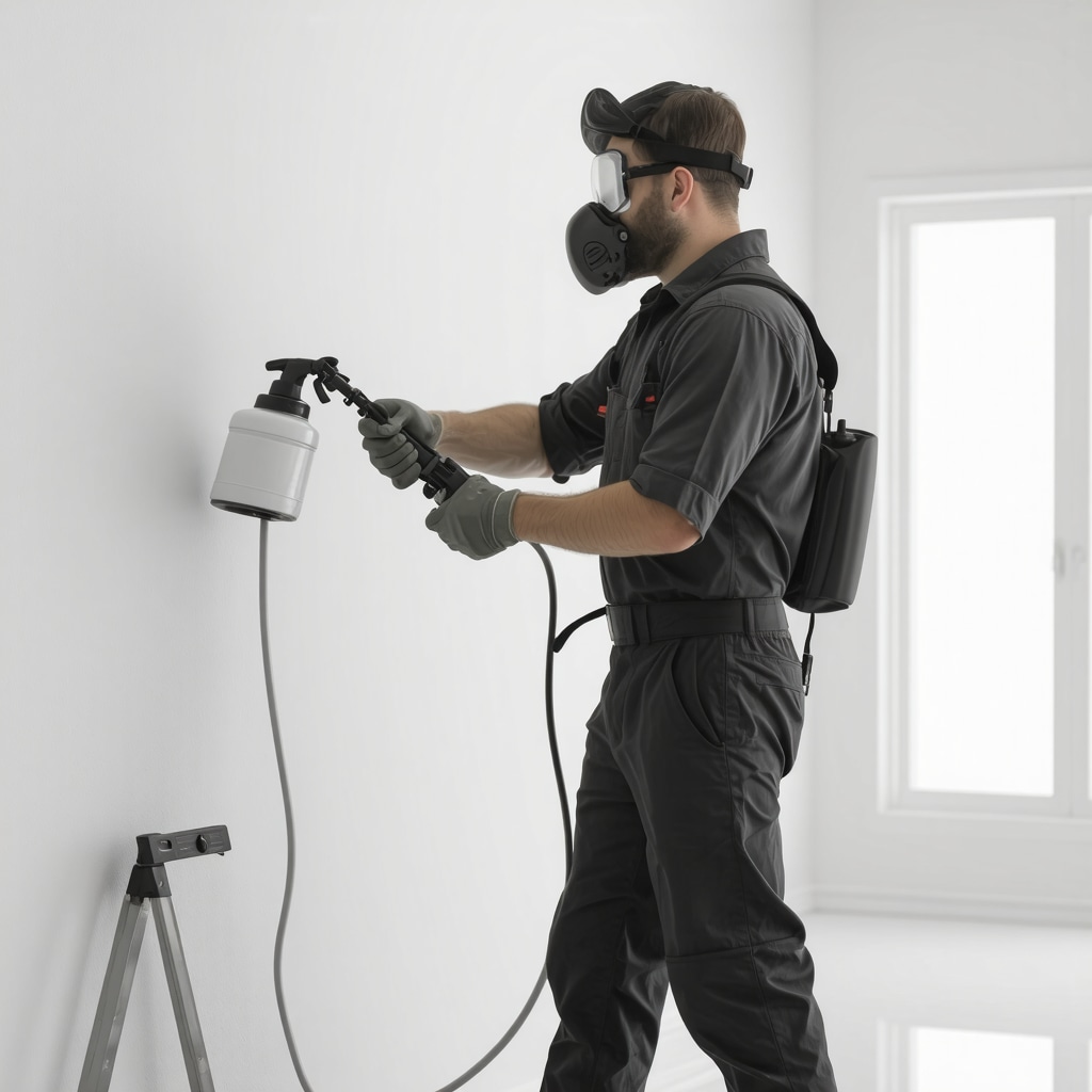 Professional painter applying paint with airless sprayer inside Tampa home, highlighting advanced techniques and humidity monitoring