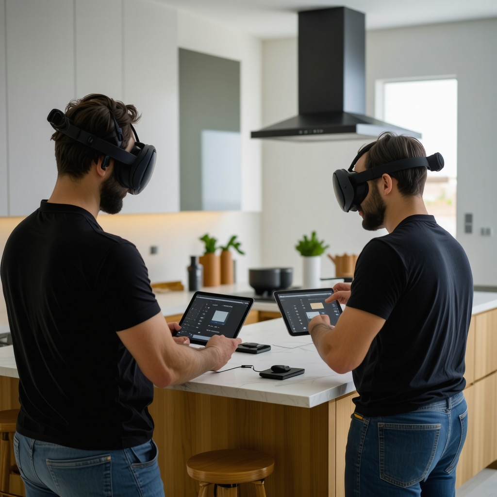 Contractors using VR and digital tools for a high-tech kitchen remodel in New Tampa